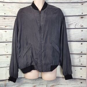 Vintage Campus Bomber Jacket Men’s Large Black Silk Nylon Lined Zip Front Lightw